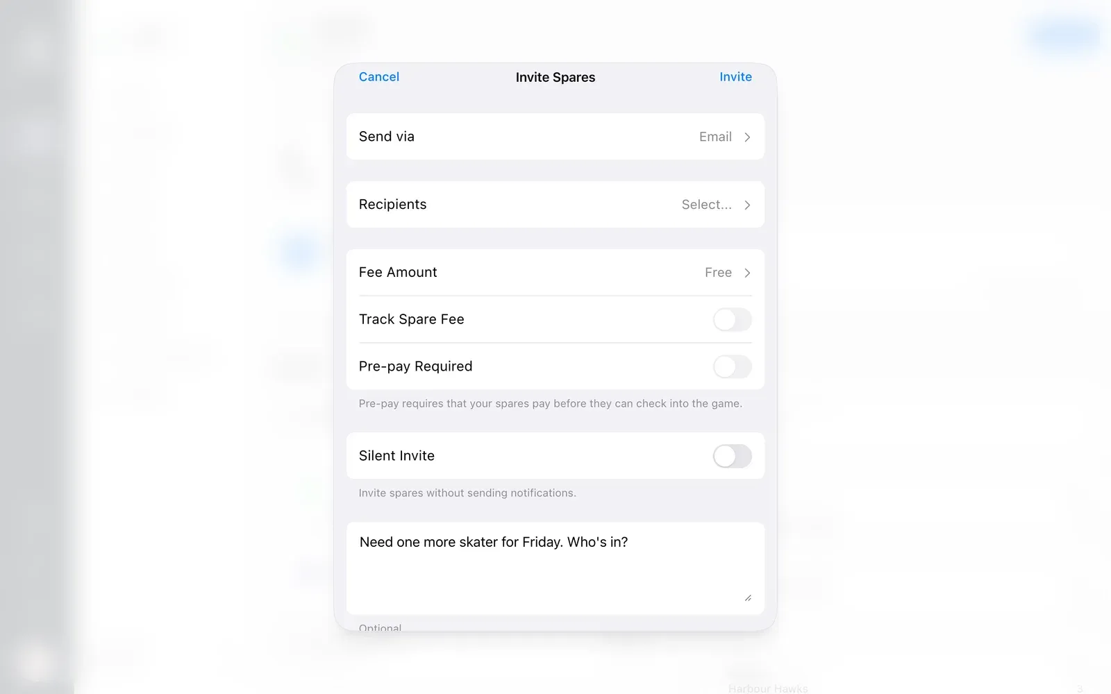 BenchApp on a computer: Invite Spares with a spare fee, Pre-pay Required and a message