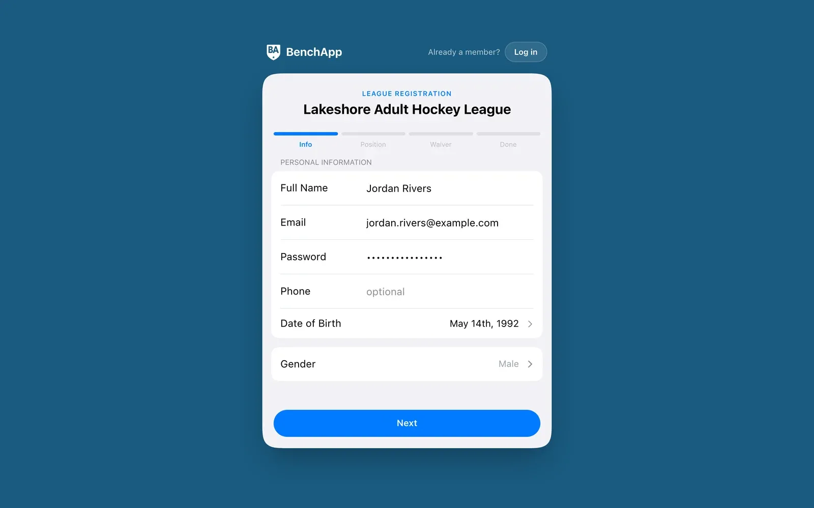 BenchApp on a computer: the league registration form a player fills in