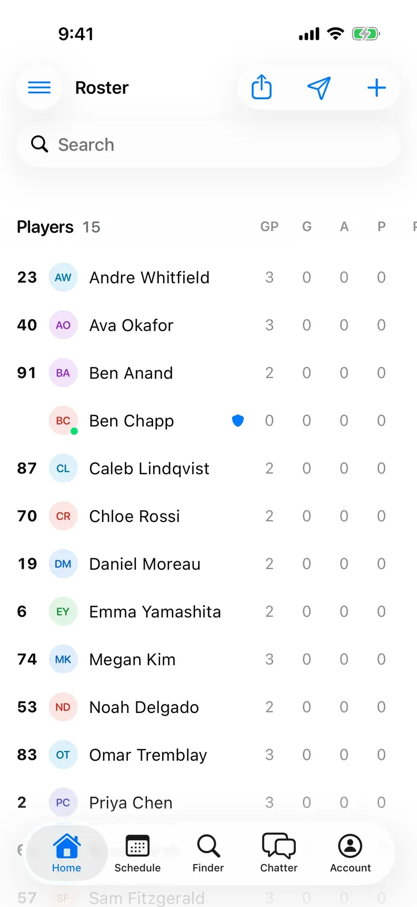 BenchApp roster screen listing the team's players