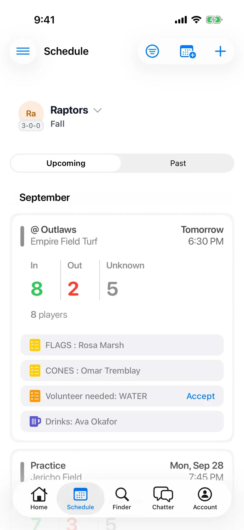 BenchApp schedule screen with upcoming games and RSVP counts