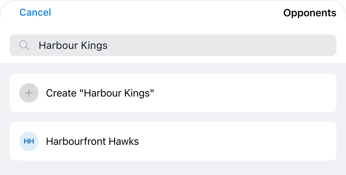The Opponents picker for a new BenchApp Bulldogs game, with "Harbour Kings" typed in the search box. The top result offers Create "Harbour Kings" as a new opponent, and the existing opponent Harbourfront Hawks appears below it.