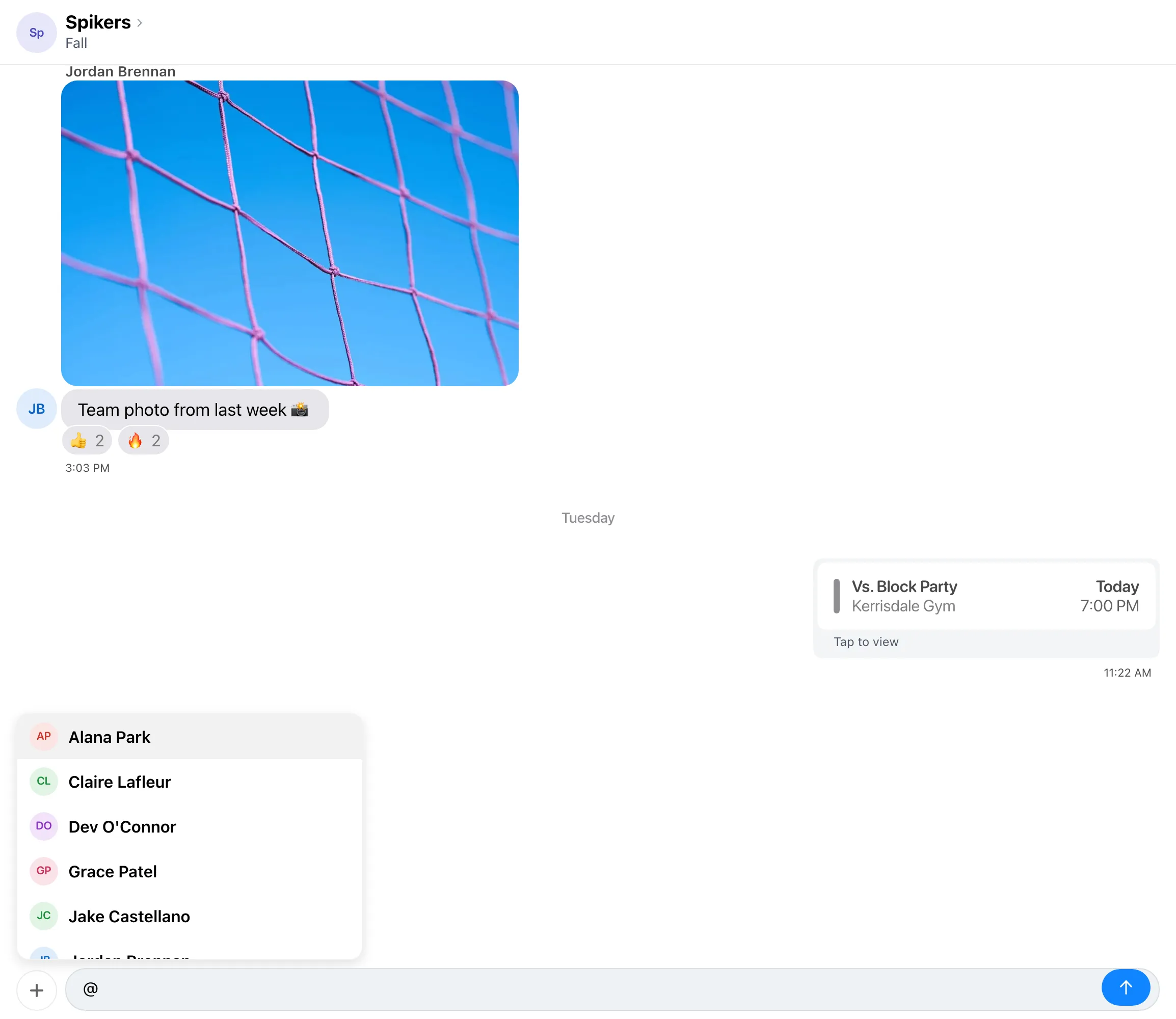 Spikers team chat in BenchApp Chatter with "@" typed in the message box and a "Mention a member" picker open above it, listing teammates Alana Park, Claire Lafleur, Dev O'Connor, Grace Patel and Jake Castellano.